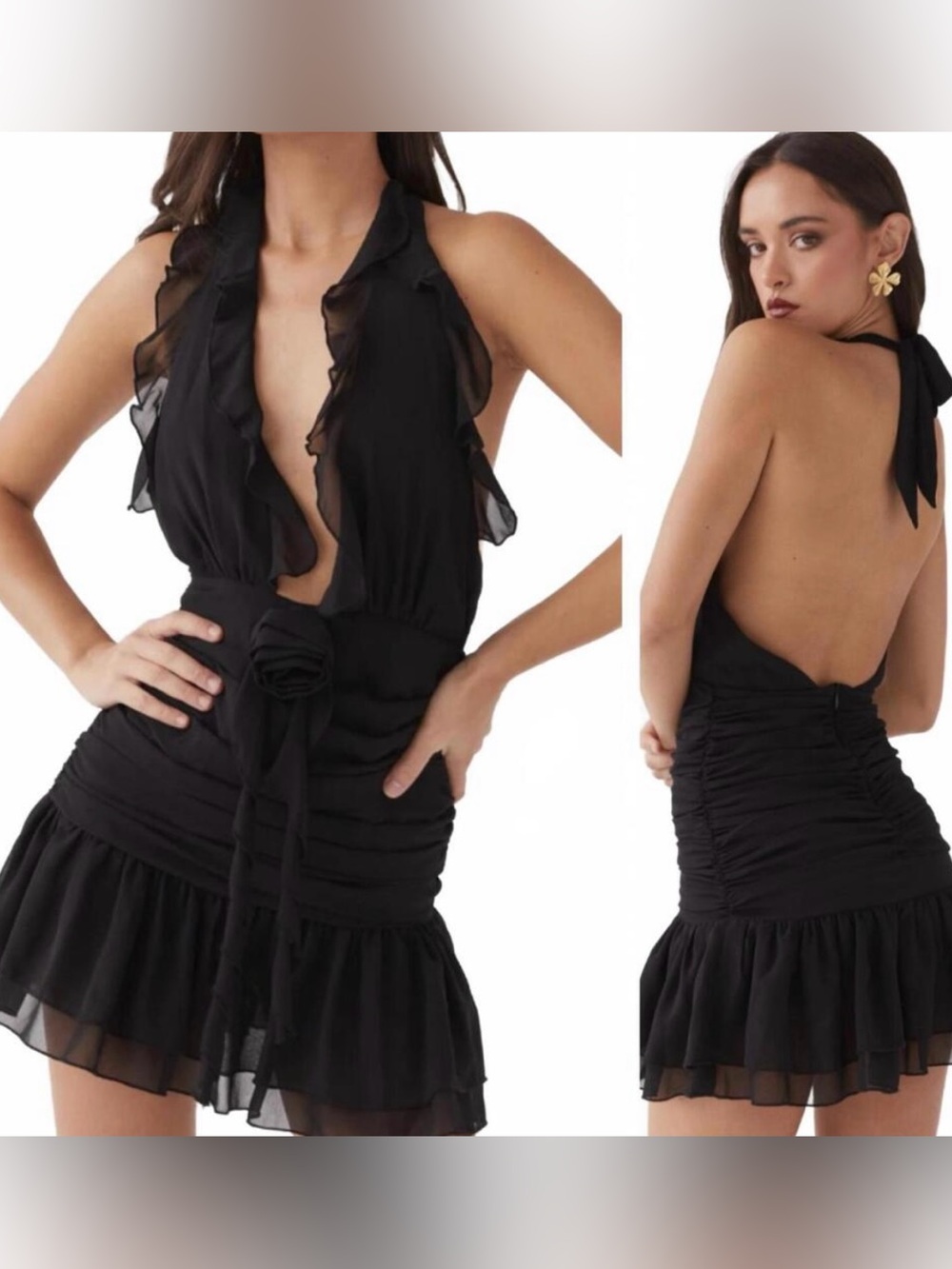 Peppermayo Black Halter Ruffle Mini Dress